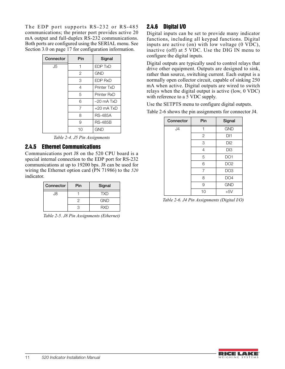 5 ethernet communications, 6 digital i/o, Ethernet communications | Digital i/o, Table 2-4 | Rice Lake 520 HMI Digital Weight Indicator Installation Manual User Manual | Page 17 / 98