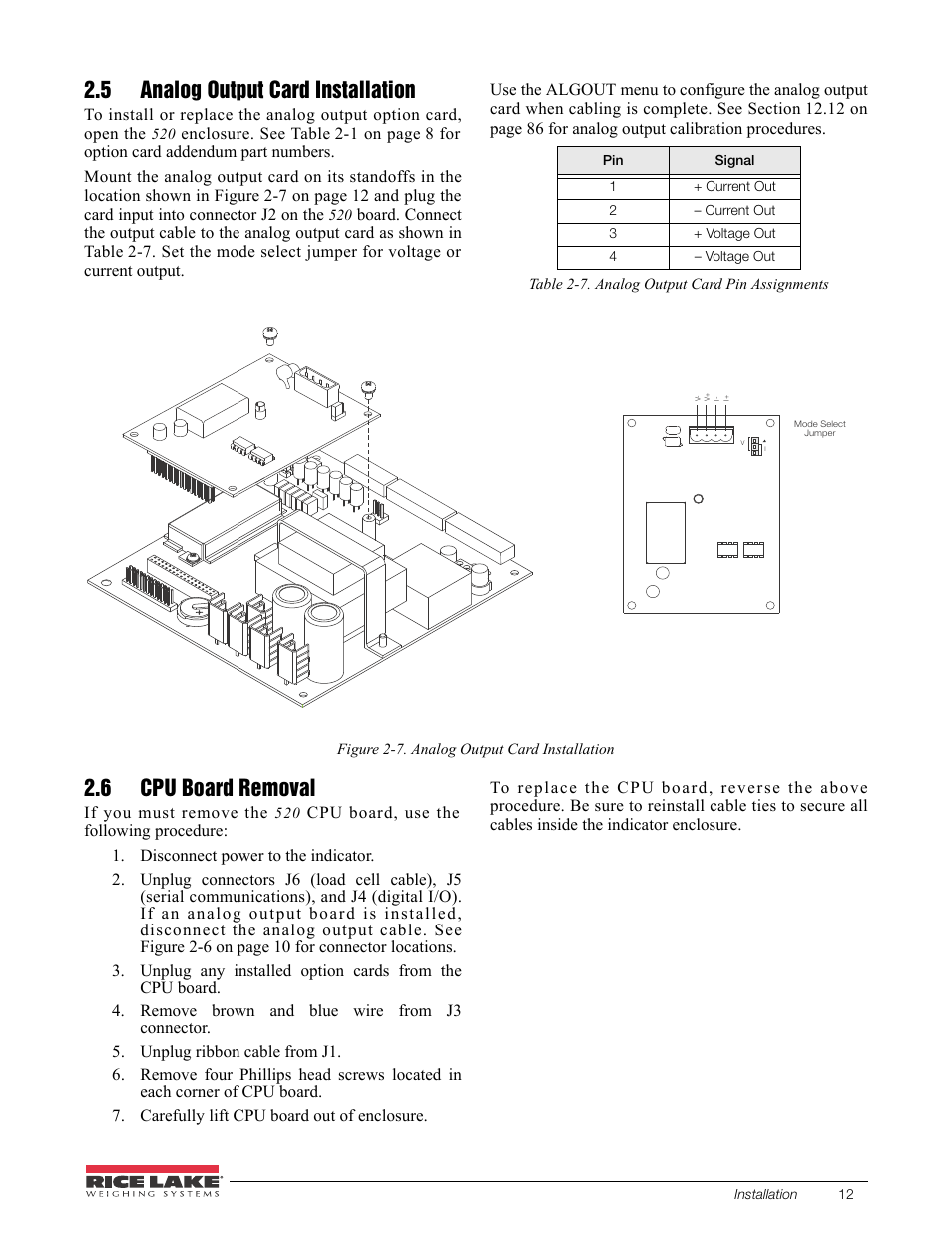 5 analog output card installation, 6 cpu board removal | Rice Lake 520 HMI Digital Weight Indicator Installation Manual User Manual | Page 18 / 98