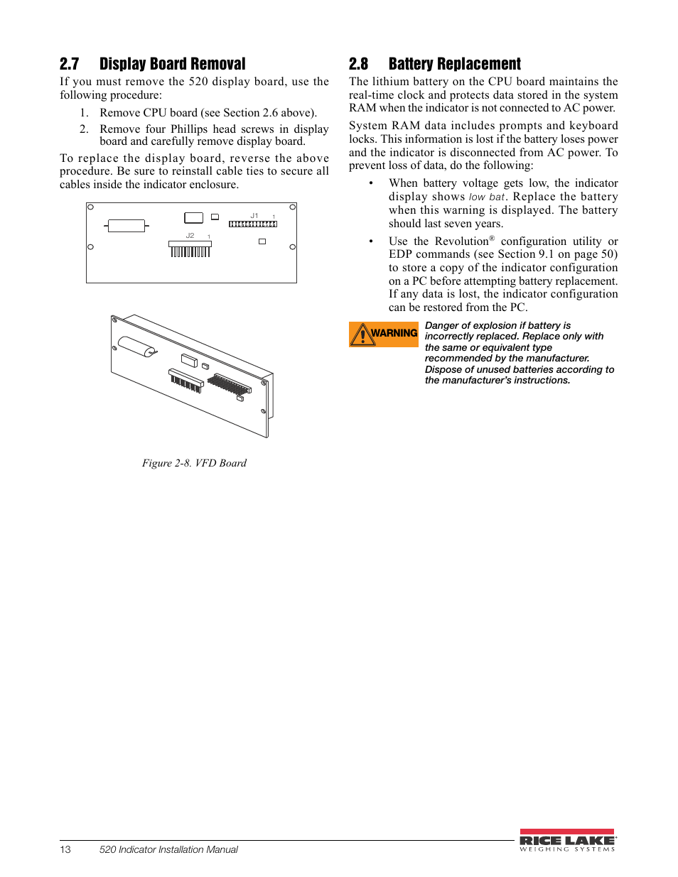 7 display board removal, 8 battery replacement, 7 display board removal 2.8 battery replacement | Rice Lake 520 HMI Digital Weight Indicator Installation Manual User Manual | Page 19 / 98