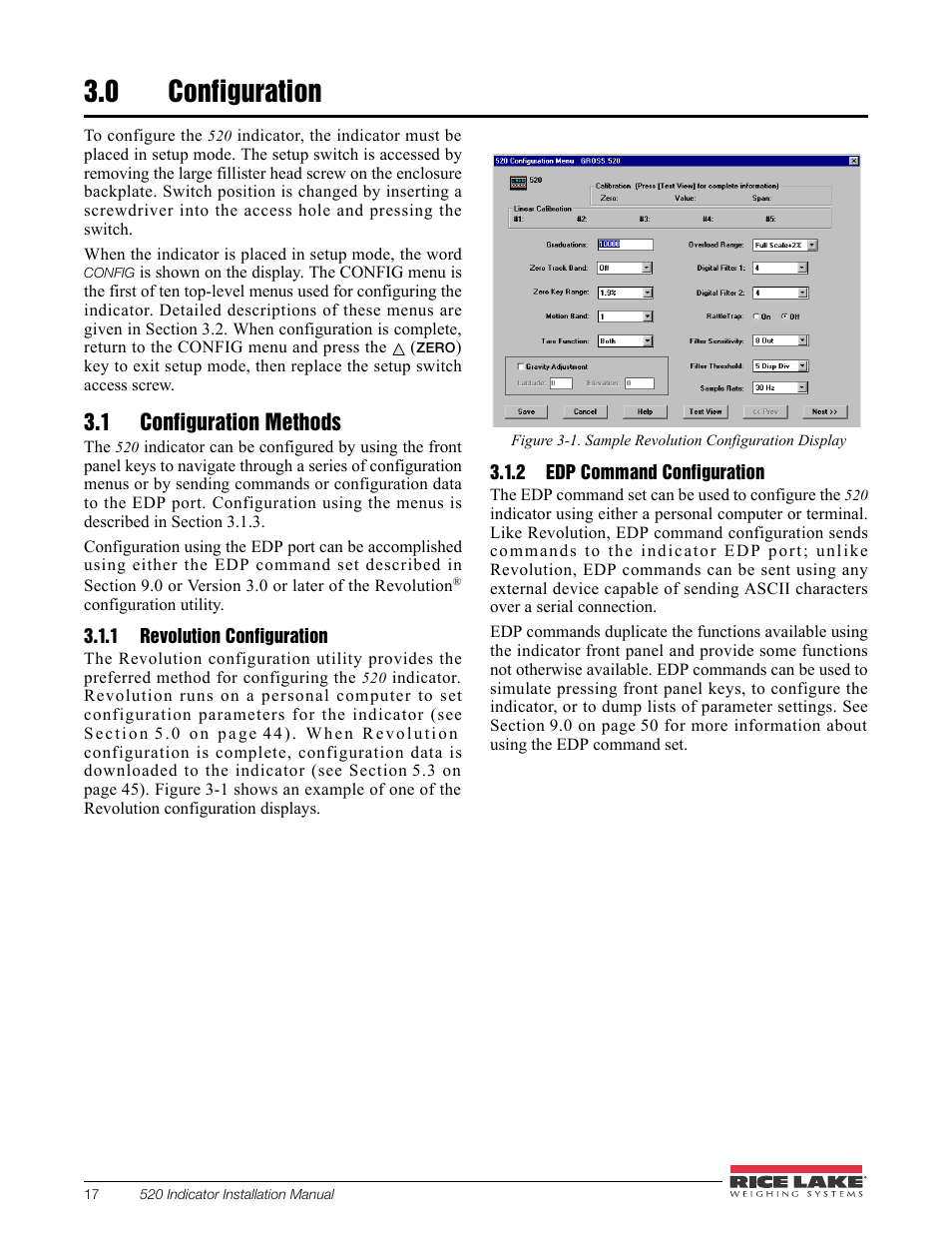 0 configuration, 1 configuration methods, 1 revolution configuration | 2 edp command configuration, Configuration, Revolution configuration, Edp command configuration | Rice Lake 520 HMI Digital Weight Indicator Installation Manual User Manual | Page 23 / 98
