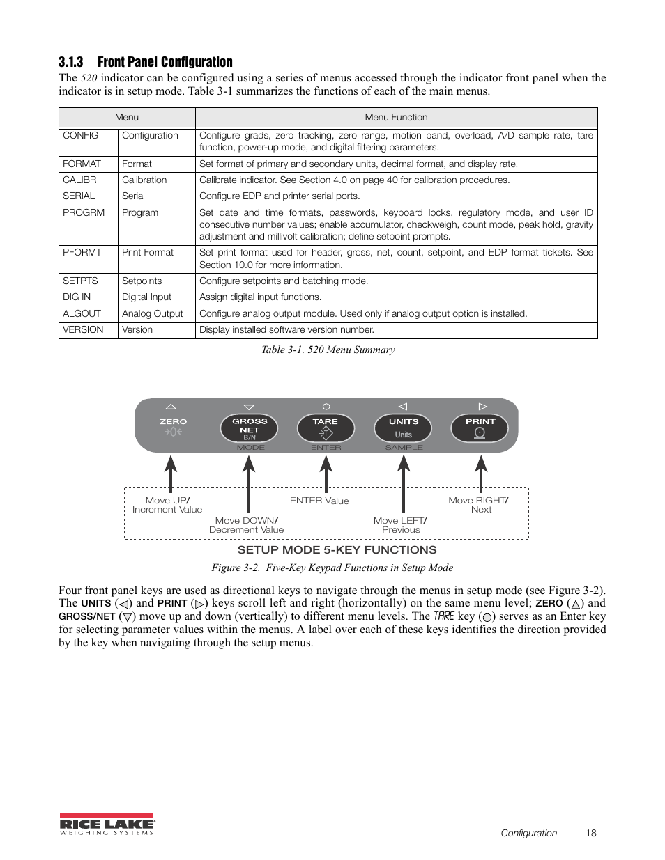 3 front panel configuration, Front panel configuration, Section 3.1.3 | Rice Lake 520 HMI Digital Weight Indicator Installation Manual User Manual | Page 24 / 98