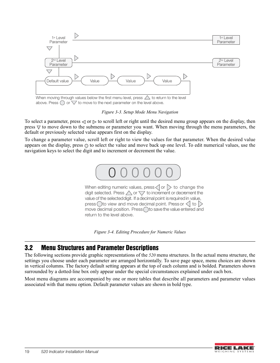2 menu structures and parameter descriptions, Section 3.2 | Rice Lake 520 HMI Digital Weight Indicator Installation Manual User Manual | Page 25 / 98