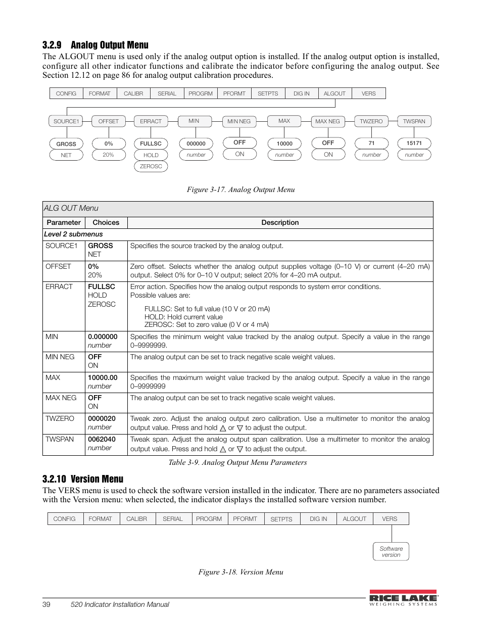9 analog output menu, 10 version menu, Analog output menu | Version menu | Rice Lake 520 HMI Digital Weight Indicator Installation Manual User Manual | Page 45 / 98