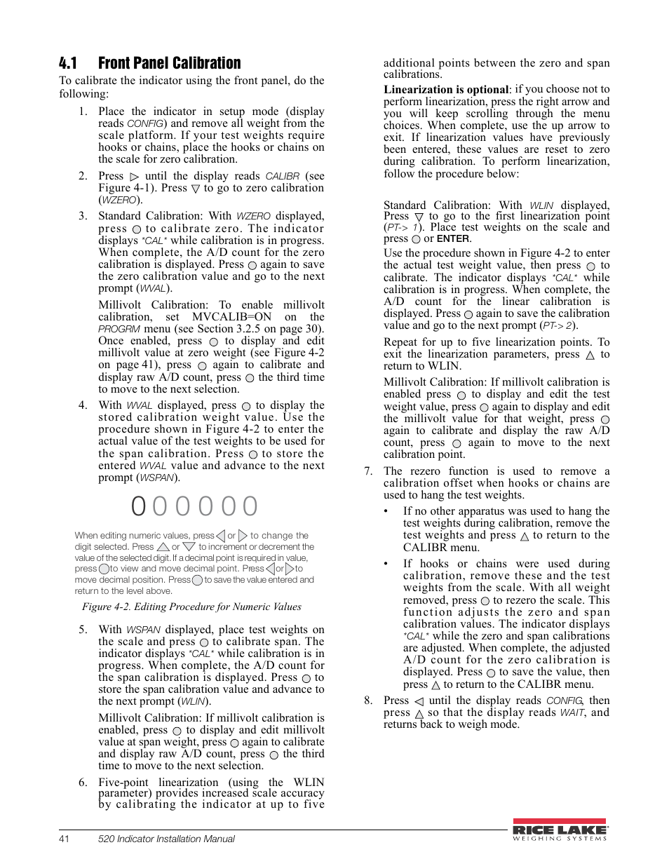 1 front panel calibration | Rice Lake 520 HMI Digital Weight Indicator Installation Manual User Manual | Page 47 / 98