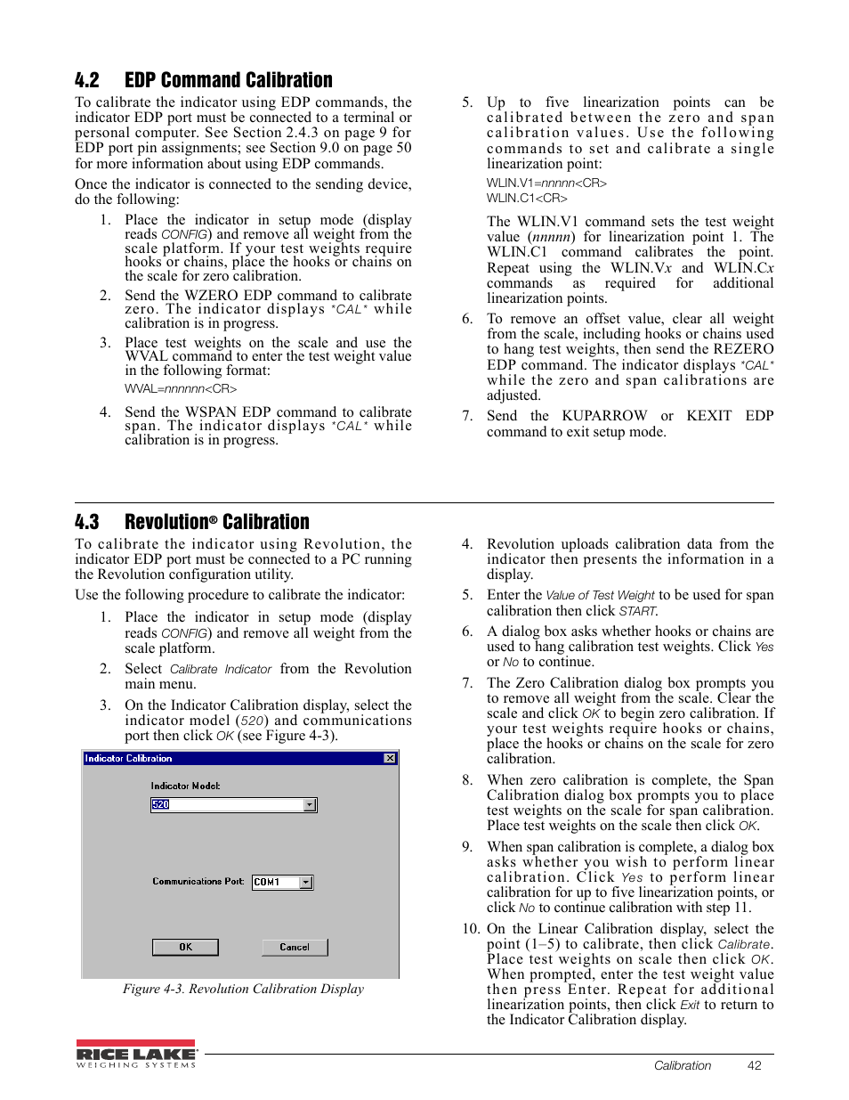 2 edp command calibration, 3 revolution® calibration, 2 edp command calibration 4.3 revolution | 3 revolution, Calibration | Rice Lake 520 HMI Digital Weight Indicator Installation Manual User Manual | Page 48 / 98