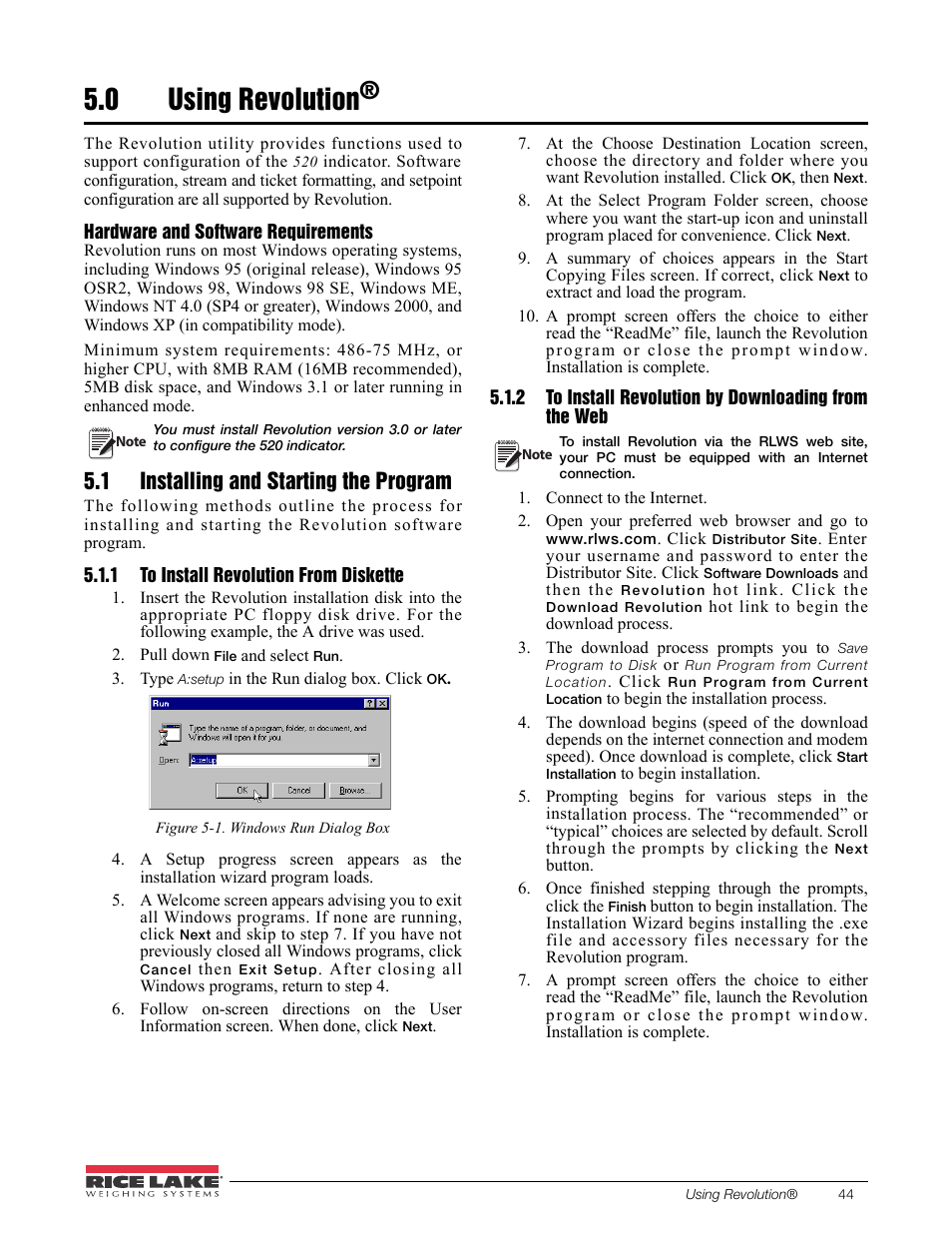 0 using revolution, 1 installing and starting the program, 1 to install revolution from diskette | Using revolution, To install revolution from diskette, To install revolution by downloading from the web, S e c t i o n 5 . 0 o n p a g e 4 4 | Rice Lake 520 HMI Digital Weight Indicator Installation Manual User Manual | Page 50 / 98