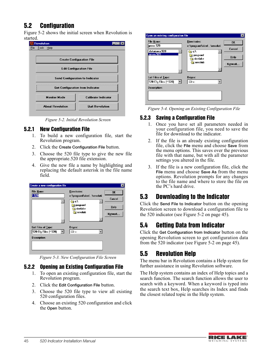 2 configuration, 1 new configuration file, 2 opening an existing configuration file | 3 saving a configuration file, 3 downloading to the indicator, 4 getting data from indicator, 5 revolution help, New configuration file, Opening an existing configuration file, Saving a configuration file | Rice Lake 520 HMI Digital Weight Indicator Installation Manual User Manual | Page 51 / 98