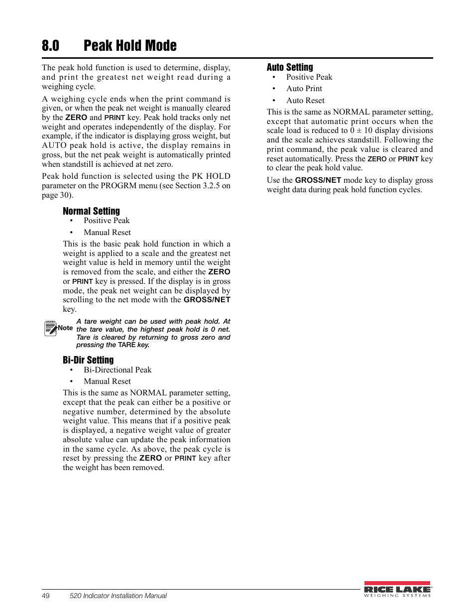 0 peak hold mode, Peak hold mode | Rice Lake 520 HMI Digital Weight Indicator Installation Manual User Manual | Page 55 / 98