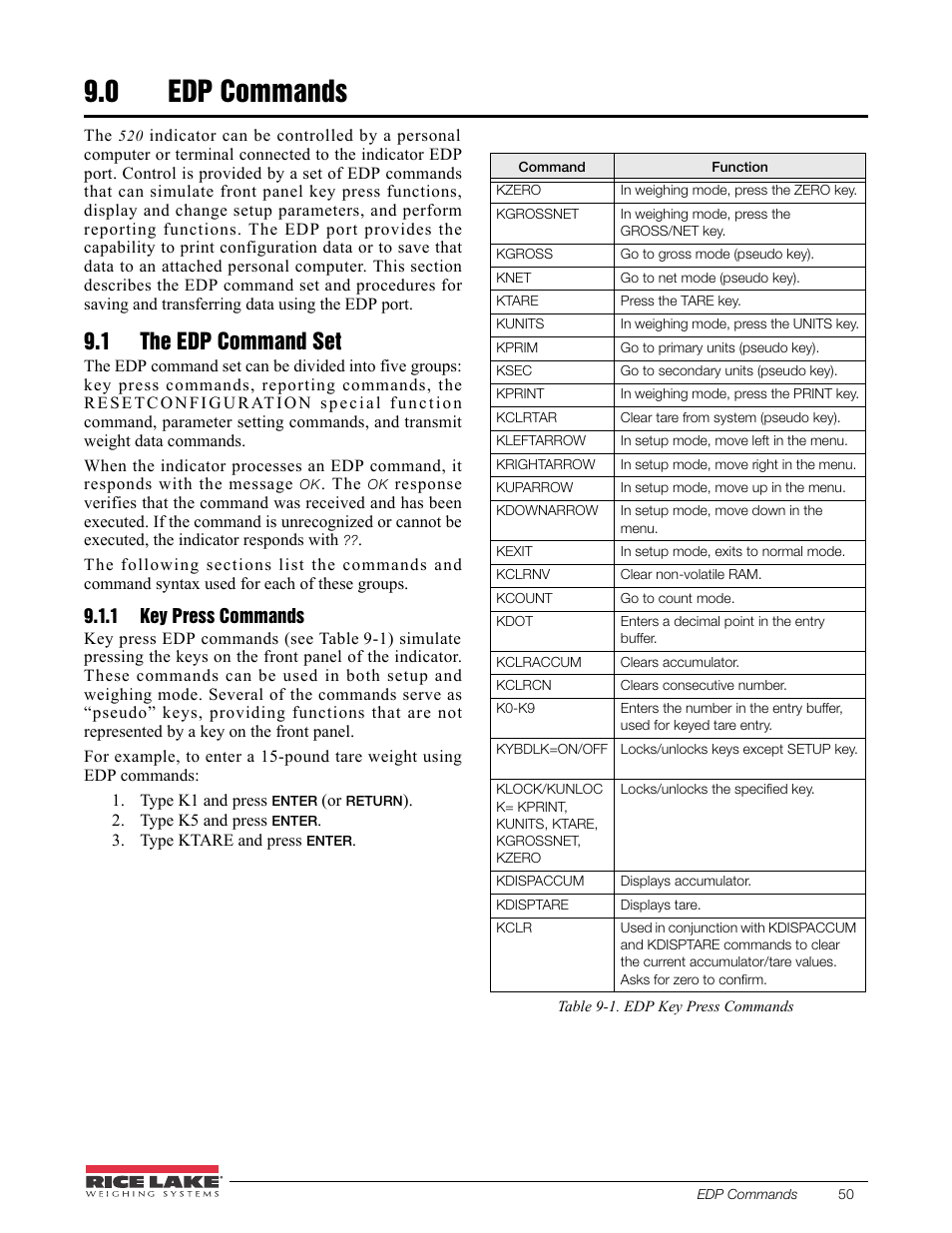 0 edp commands, 1 the edp command set, 1 key press commands | Edp commands, Key press commands, Section 9.0 | Rice Lake 520 HMI Digital Weight Indicator Installation Manual User Manual | Page 56 / 98