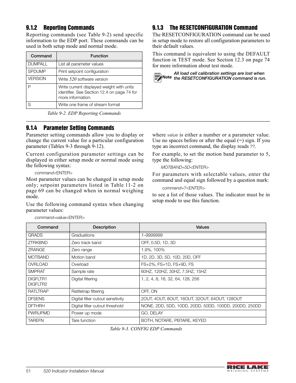 2 reporting commands, 3 the resetconfiguration command, 4 parameter setting commands | Reporting commands, The resetconfiguration command, Parameter setting commands | Rice Lake 520 HMI Digital Weight Indicator Installation Manual User Manual | Page 57 / 98