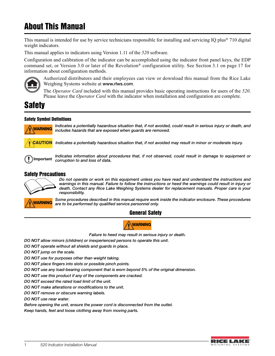 About this manual, Safety | Rice Lake 520 HMI Digital Weight Indicator Installation Manual User Manual | Page 7 / 98