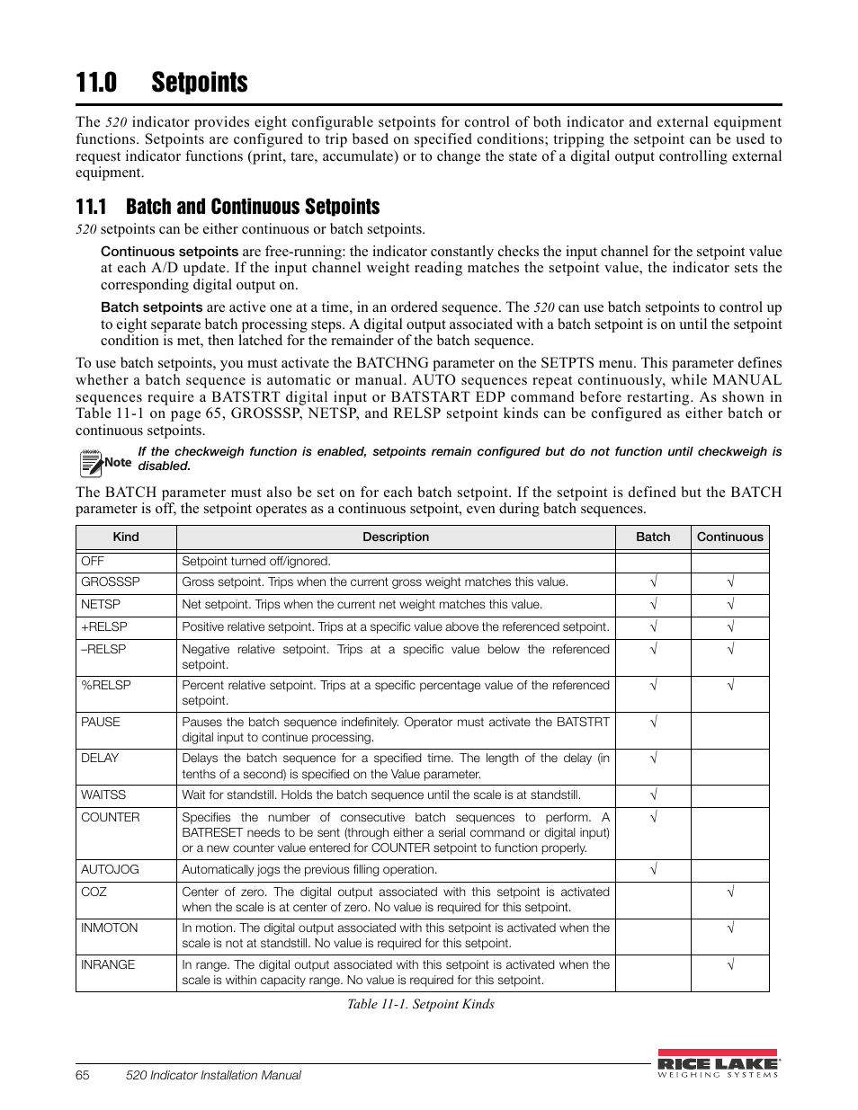 0 setpoints, 1 batch and continuous setpoints, Setpoints | Rice Lake 520 HMI Digital Weight Indicator Installation Manual User Manual | Page 71 / 98