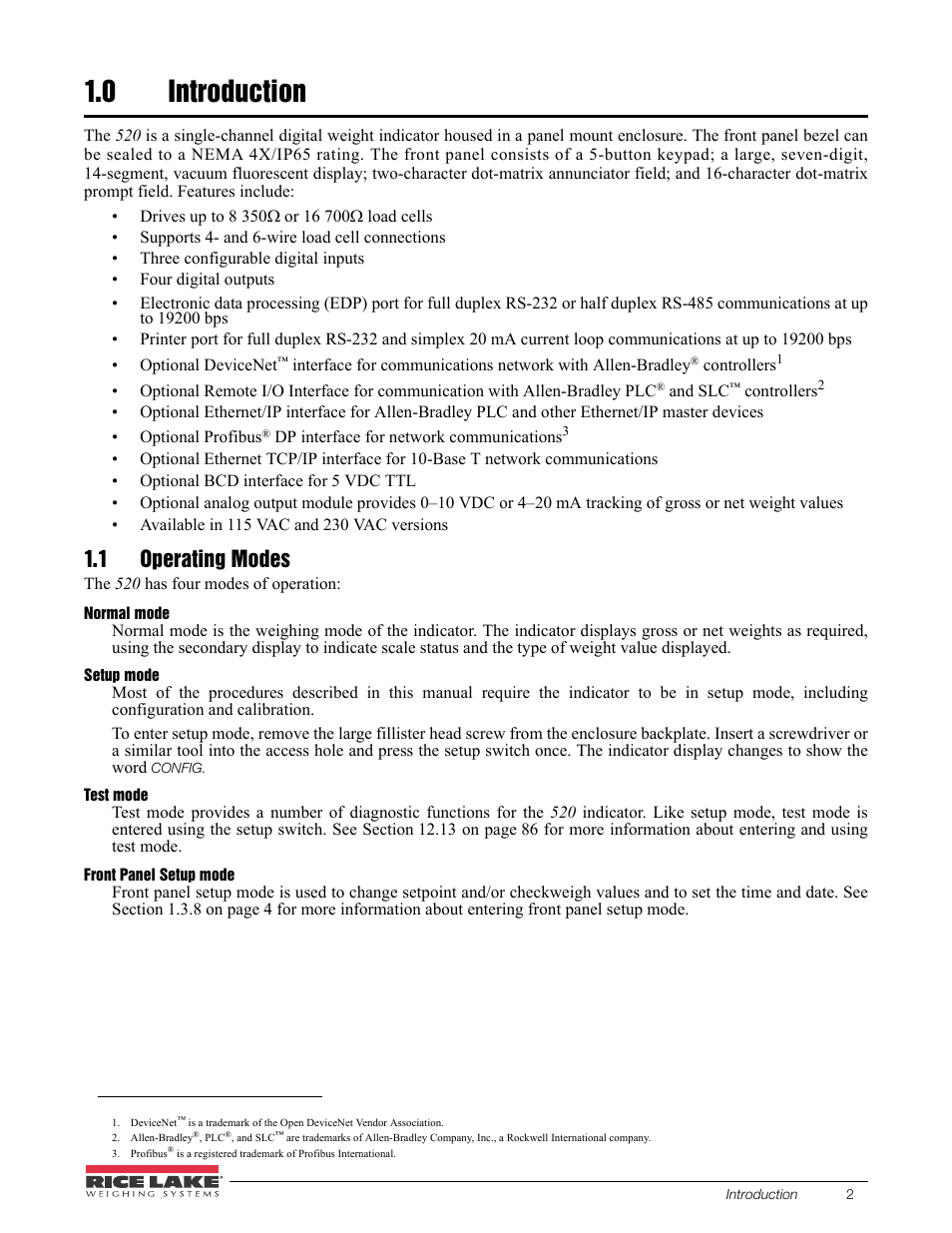 0 introduction, 1 operating modes, Introduction | Rice Lake 520 HMI Digital Weight Indicator Installation Manual User Manual | Page 8 / 98