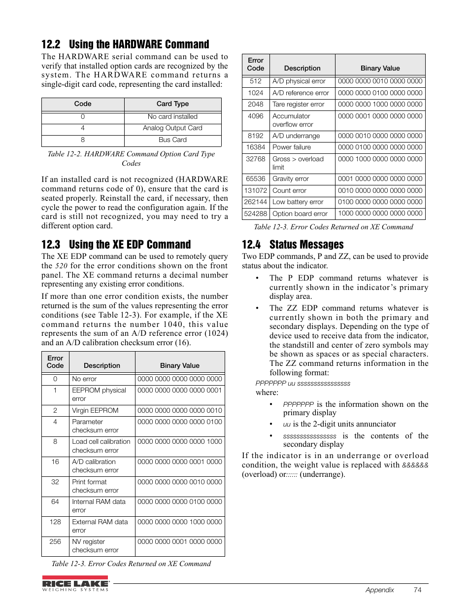 2 using the hardware command, 3 using the xe edp command, 4 status messages | Rice Lake 520 HMI Digital Weight Indicator Installation Manual User Manual | Page 80 / 98