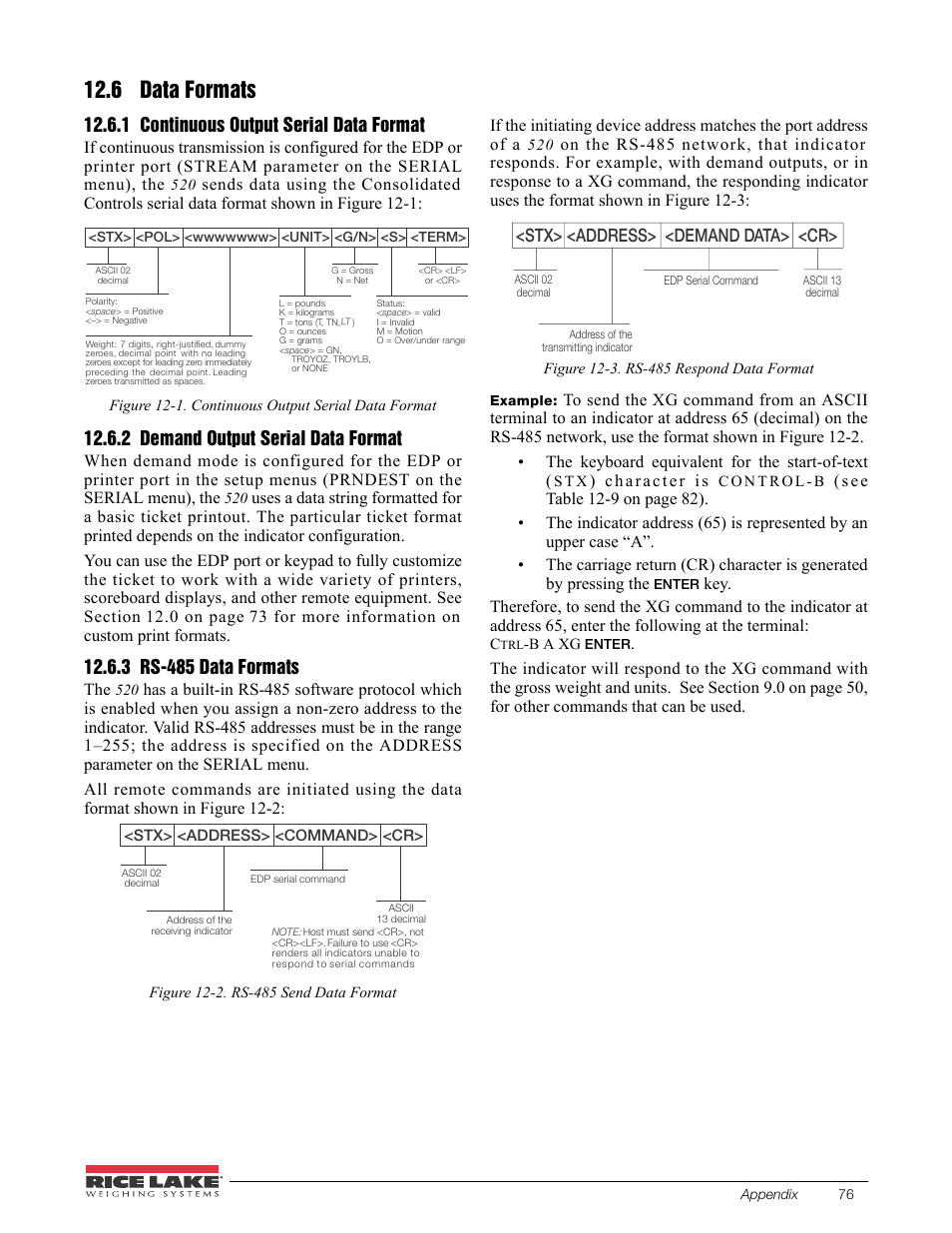 6 data formats, 1 continuous output serial data format, 2 demand output serial data format | 3 rs-485 data formats, Continuous output serial data format, Demand output serial data format, Rs-485 data formats, Stx> <address> <demand d at a> <cr | Rice Lake 520 HMI Digital Weight Indicator Installation Manual User Manual | Page 82 / 98