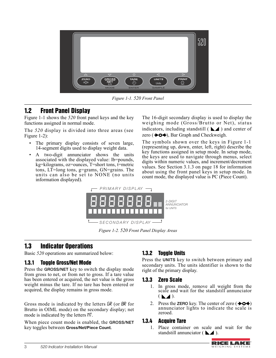 2 front panel display, 3 indicator operations, 1 toggle gross/net mode | 2 toggle units, 3 zero scale, 4 acquire tare, 2 front panel display 1.3 indicator operations, Toggle gross/net mode, Toggle units, Zero scale | Rice Lake 520 HMI Digital Weight Indicator Installation Manual User Manual | Page 9 / 98