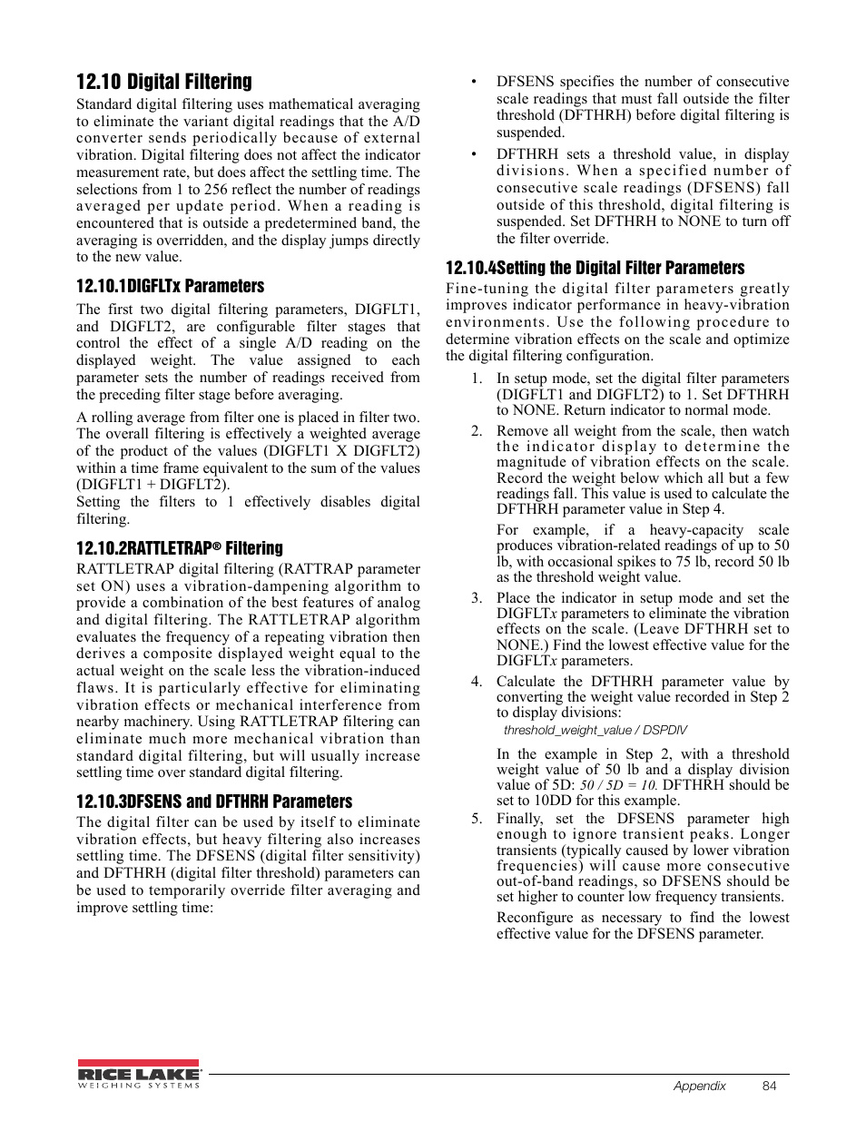 10 digital filtering, 1 digfltx parameters, 2 rattletrap® filtering | 3 dfsens and dfthrh parameters, 4 setting the digital filter parameters, 1 digflt, 2 rattletrap | Rice Lake 520 HMI Digital Weight Indicator Installation Manual User Manual | Page 90 / 98