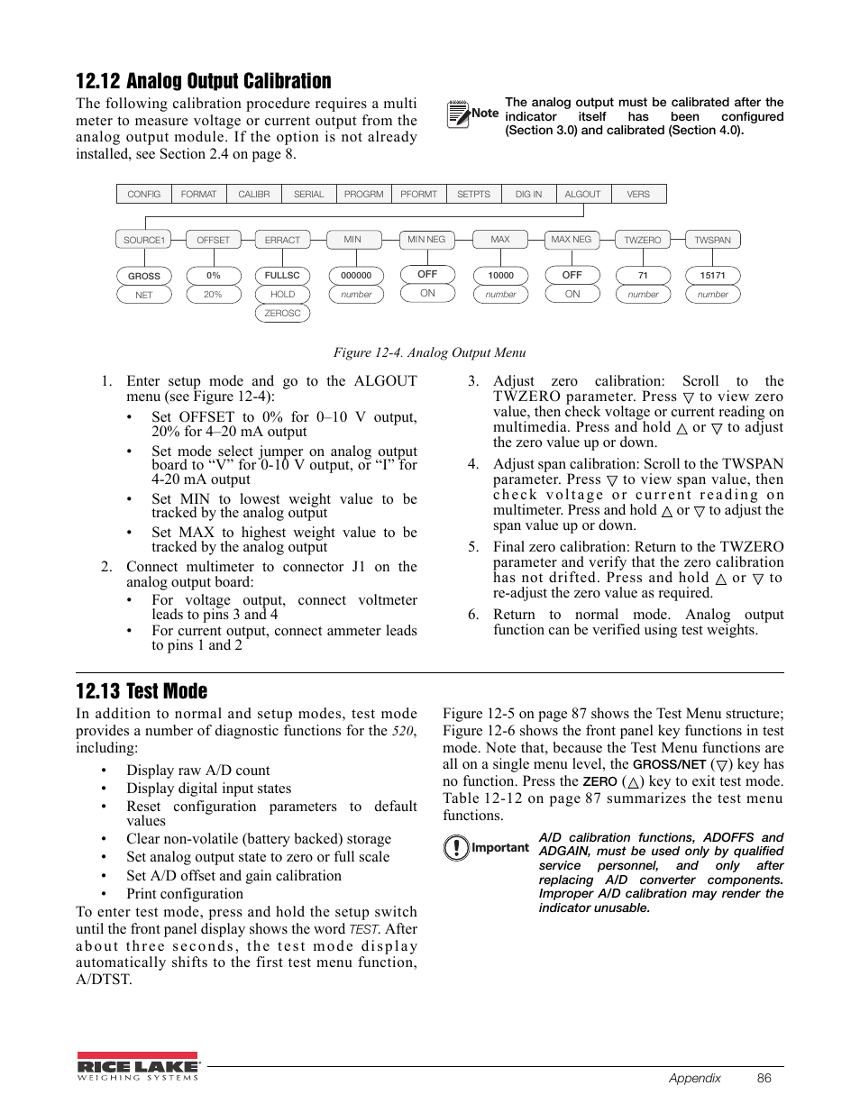 12 analog output calibration, 13 test mode, 12 analog output calibration 12.13 test mode | Rice Lake 520 HMI Digital Weight Indicator Installation Manual User Manual | Page 92 / 98