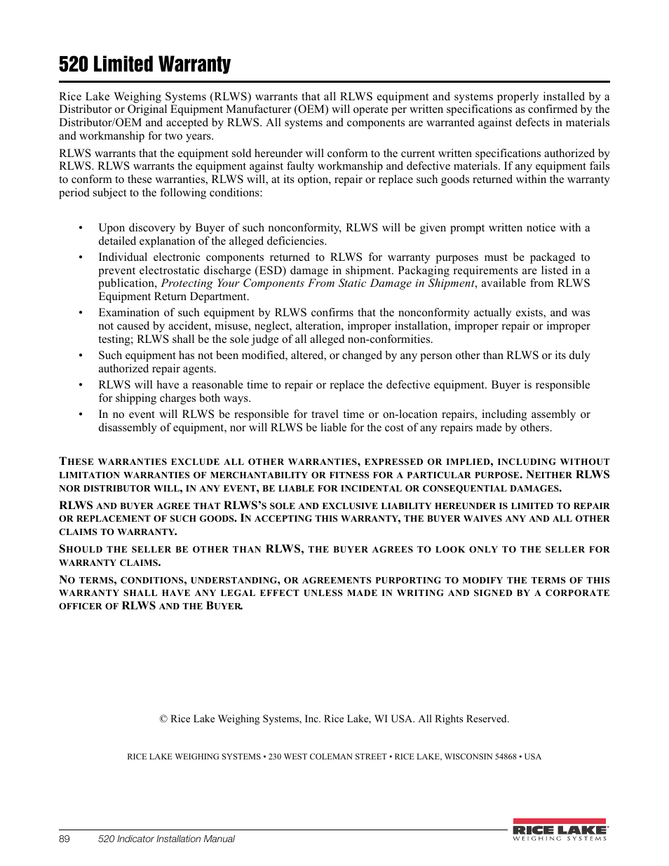 520 limited warranty | Rice Lake 520 HMI Digital Weight Indicator Installation Manual User Manual | Page 95 / 98