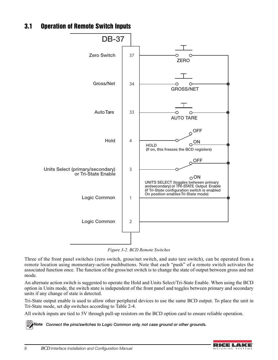 1 operation of remote switch inputs, Db-37 | Rice Lake 520 HMI Digital Weight Indicator Manual - BCD Option User Manual | Page 12 / 18