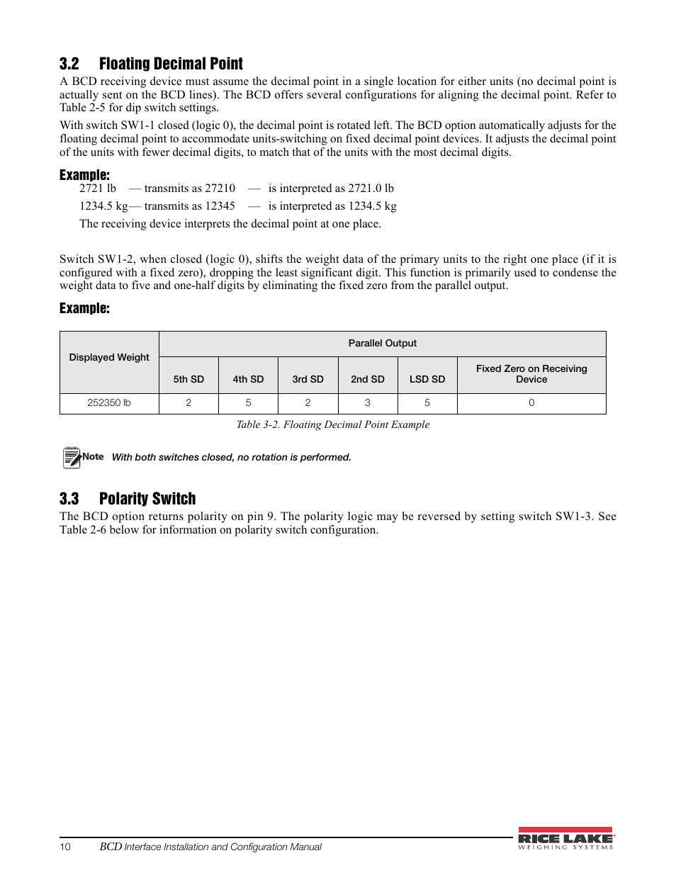2 floating decimal point, 3 polarity switch, 2 floating decimal point 3.3 polarity switch | Rice Lake 520 HMI Digital Weight Indicator Manual - BCD Option User Manual | Page 14 / 18