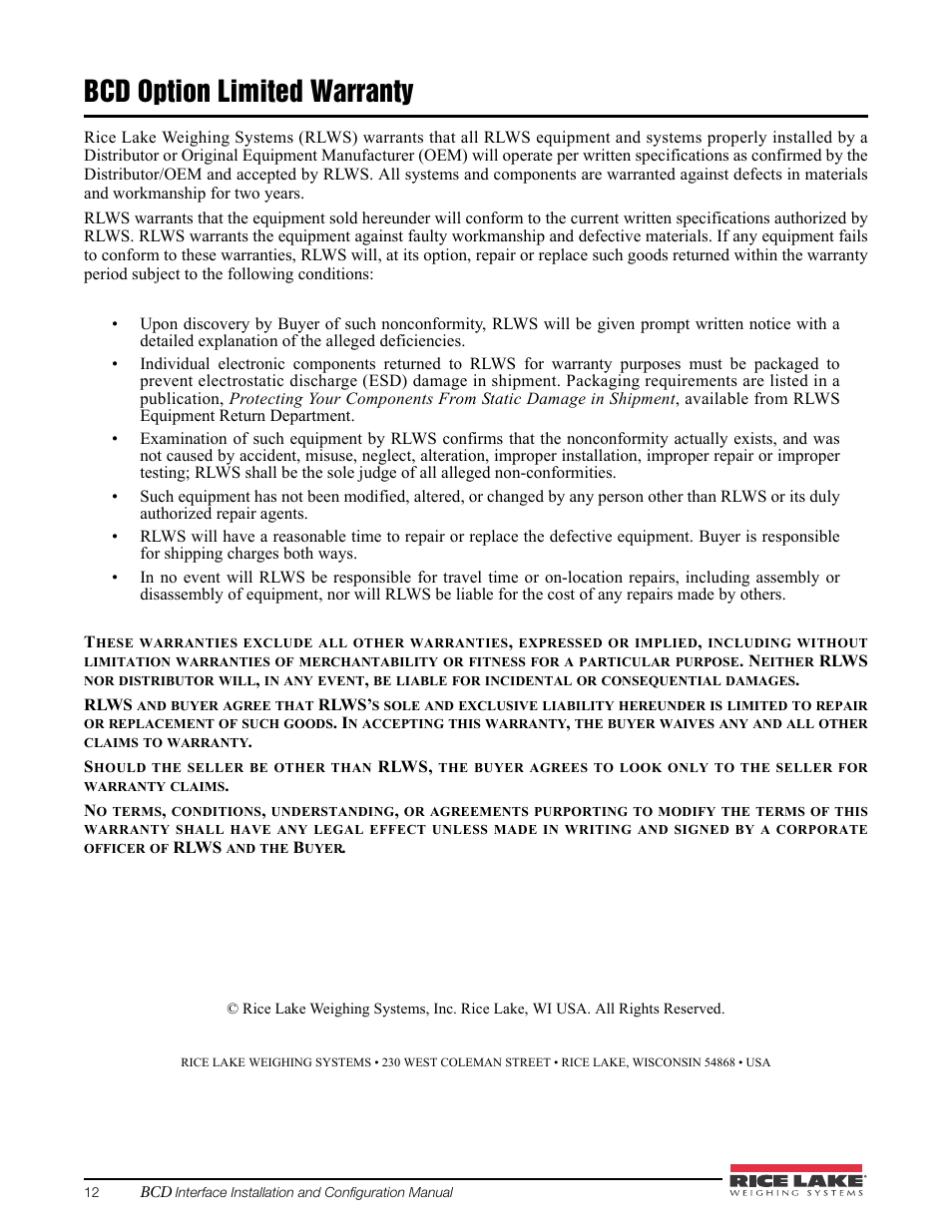 Bcd option limited warranty | Rice Lake 520 HMI Digital Weight Indicator Manual - BCD Option User Manual | Page 16 / 18
