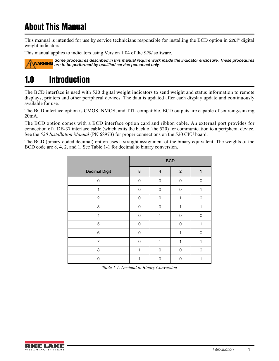 About this manual, 0 introduction, About this manual 1.0 | Introduction | Rice Lake 520 HMI Digital Weight Indicator Manual - BCD Option User Manual | Page 5 / 18