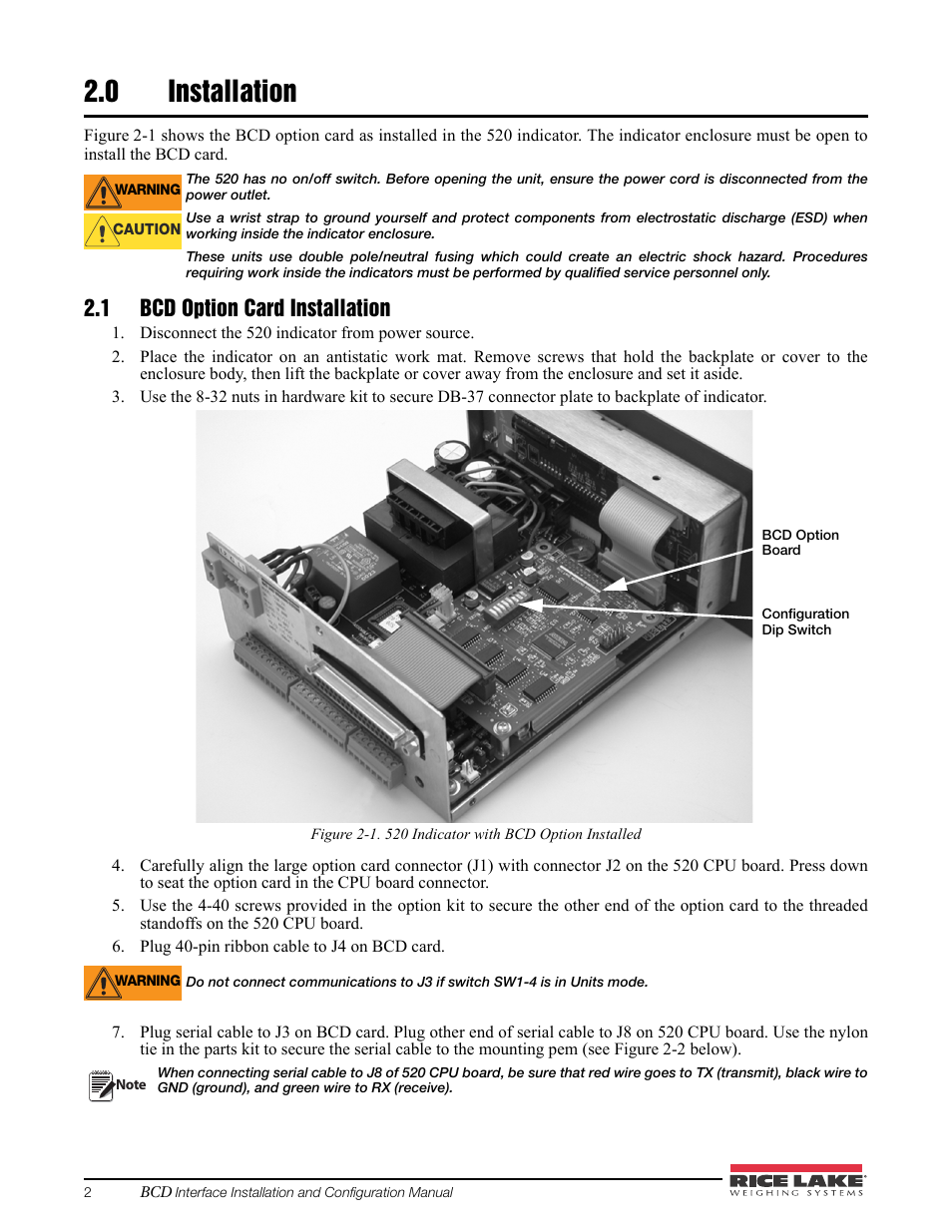 0 installation, 1 bcd option card installation, Installation | Rice Lake 520 HMI Digital Weight Indicator Manual - BCD Option User Manual | Page 6 / 18