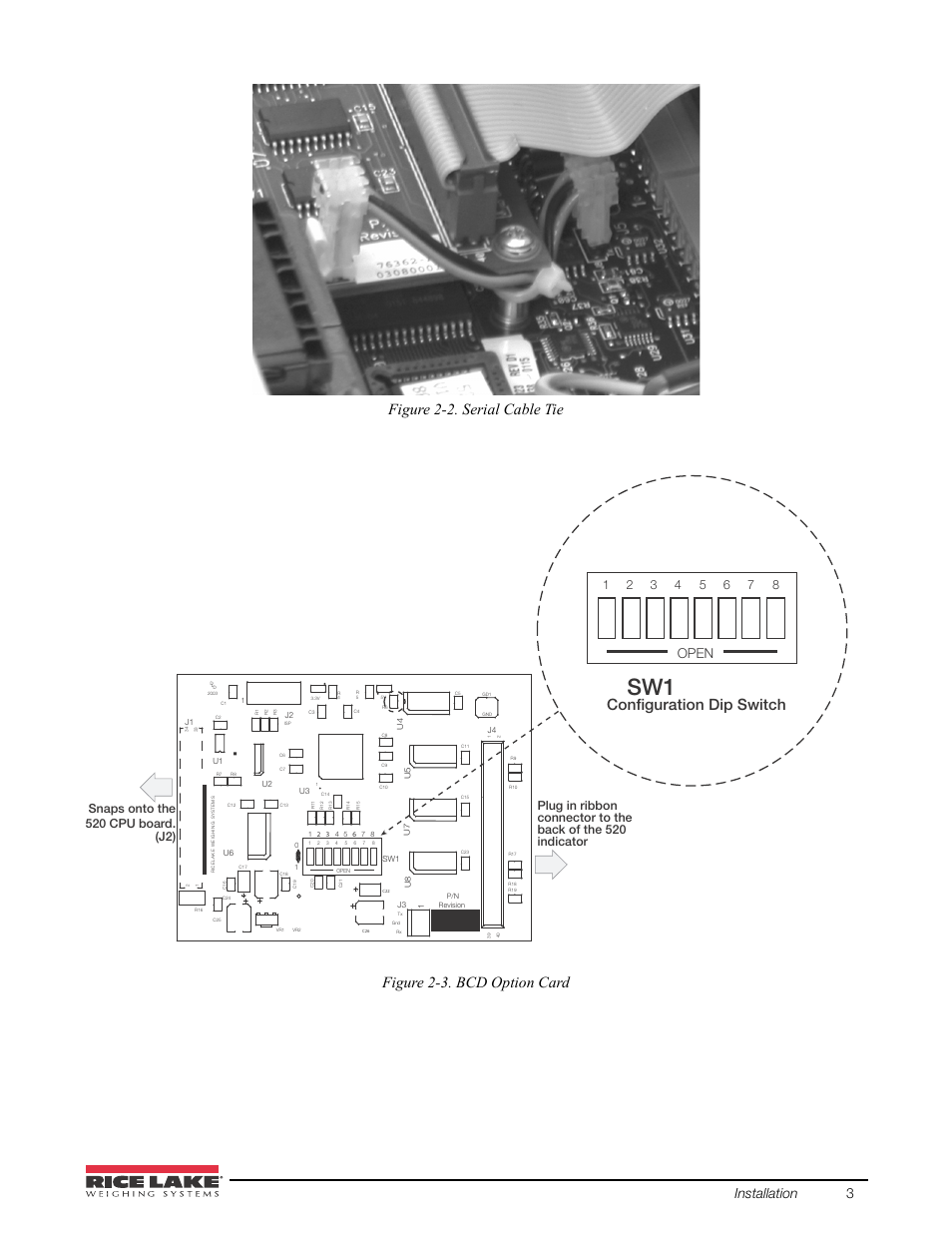 Figure 2-2. serial cable tie, Conﬁguration dip switch, Figure 2-3. bcd option card | Installation 3, Open | Rice Lake 520 HMI Digital Weight Indicator Manual - BCD Option User Manual | Page 7 / 18