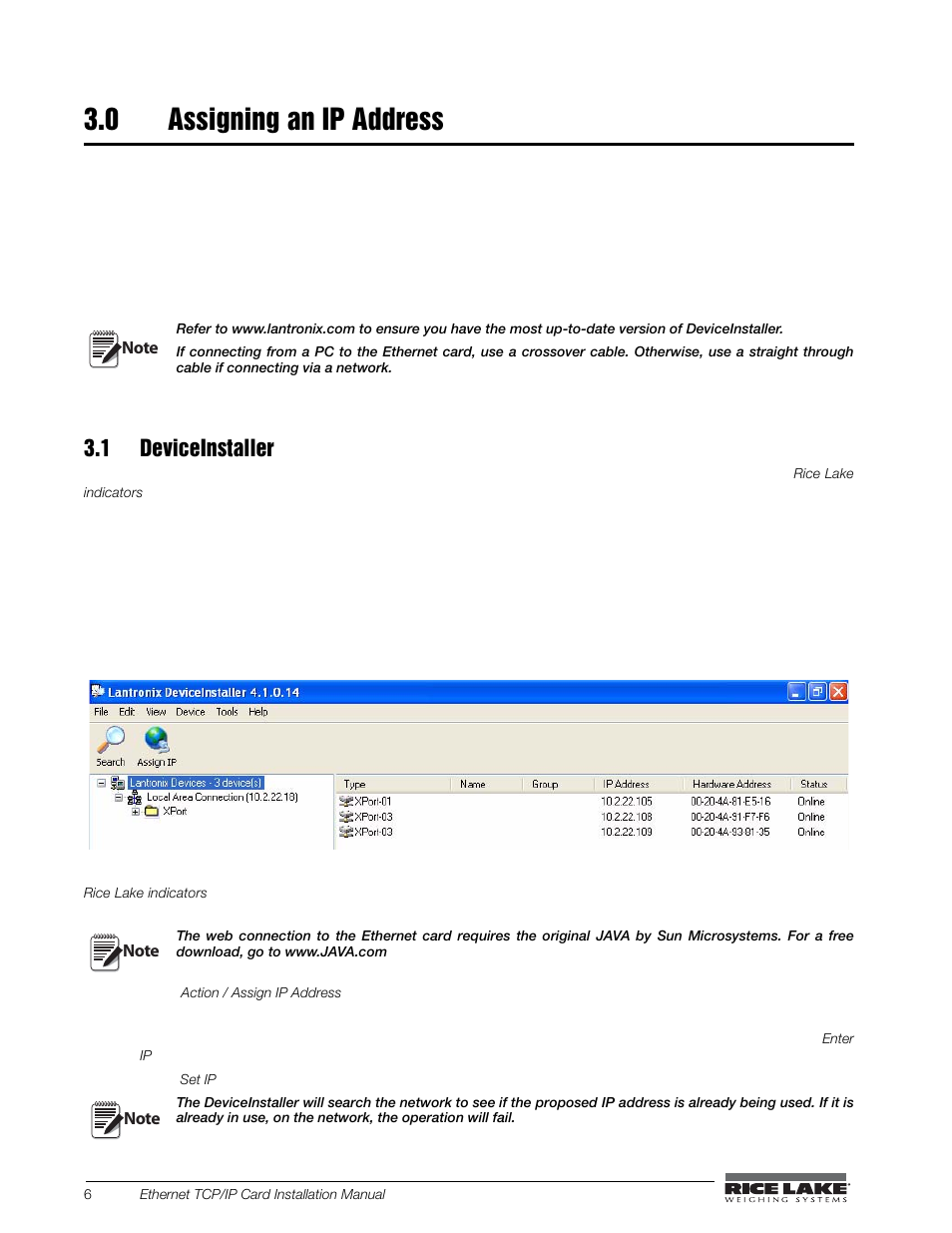 0 assigning an ip address, 1 deviceinstaller, Assigning an ip address | Rice Lake Ethernet TCP/IP User Manual | Page 10 / 38