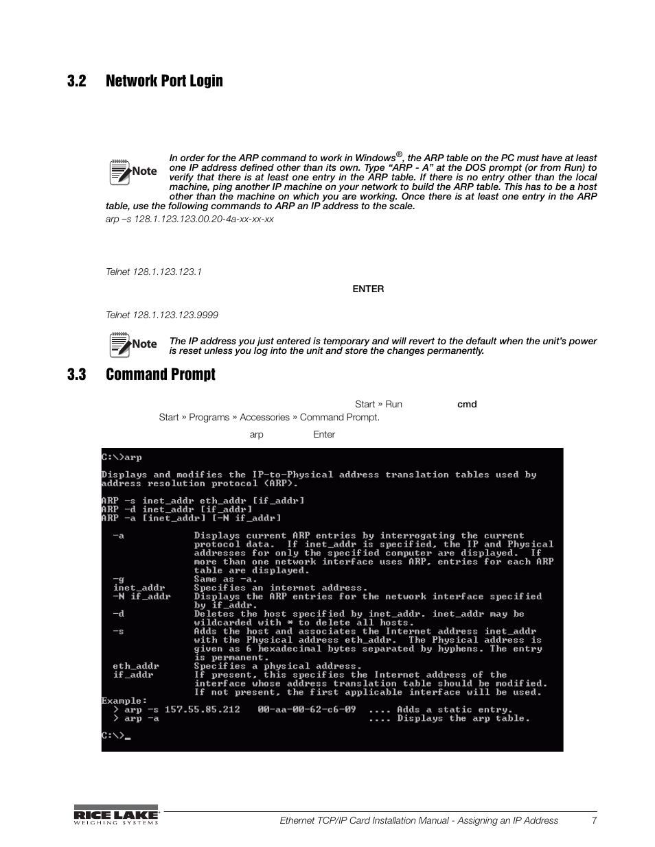 2 network port login, 3 command prompt, 2 network port login 3.3 command prompt | Rice Lake Ethernet TCP/IP User Manual | Page 11 / 38