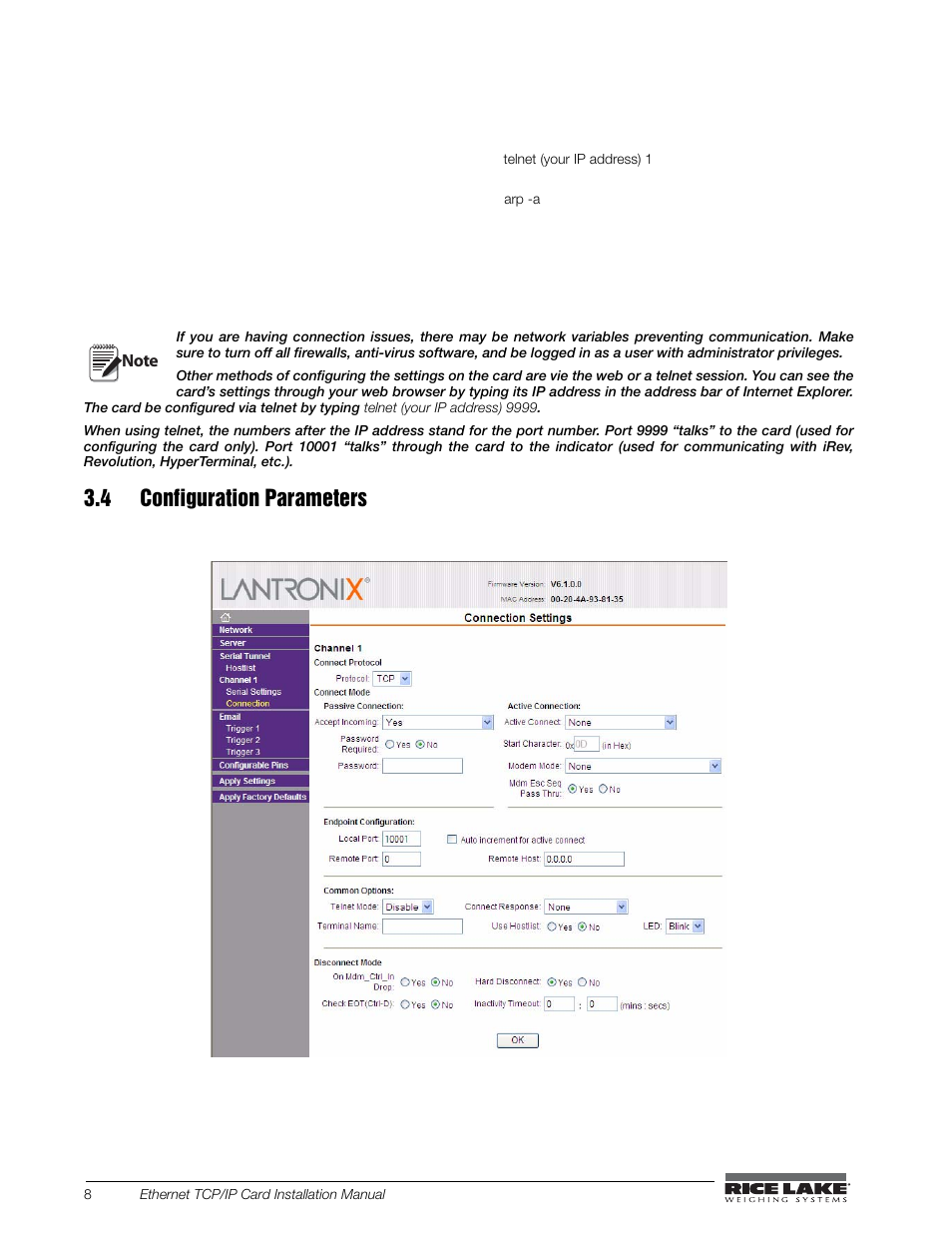 4 configuration parameters | Rice Lake Ethernet TCP/IP User Manual | Page 12 / 38