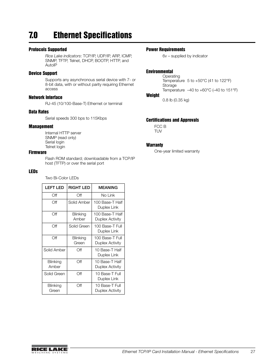 0 ethernet specifications, Ethernet specifications | Rice Lake Ethernet TCP/IP User Manual | Page 31 / 38