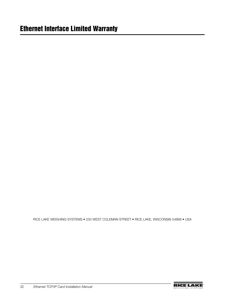 Ethernet interface limited warranty | Rice Lake Ethernet TCP/IP User Manual | Page 36 / 38