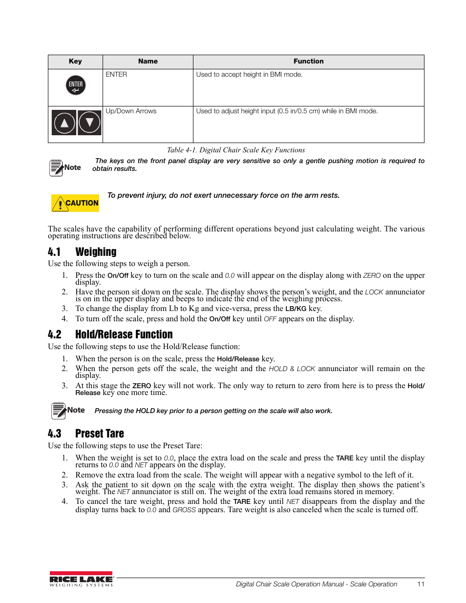 1 weighing, 2 hold/release function, 3 preset tare | Rice Lake RL550-10 Digital Chair Scale Operating Instructions User Manual | Page 15 / 26