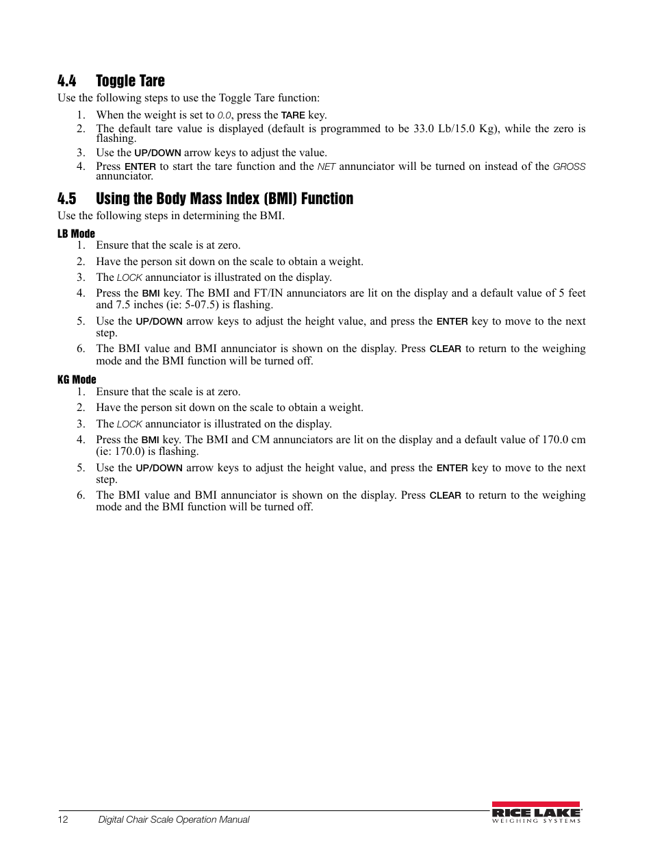 4 toggle tare, 5 using the body mass index (bmi) function | Rice Lake RL550-10 Digital Chair Scale Operating Instructions User Manual | Page 16 / 26