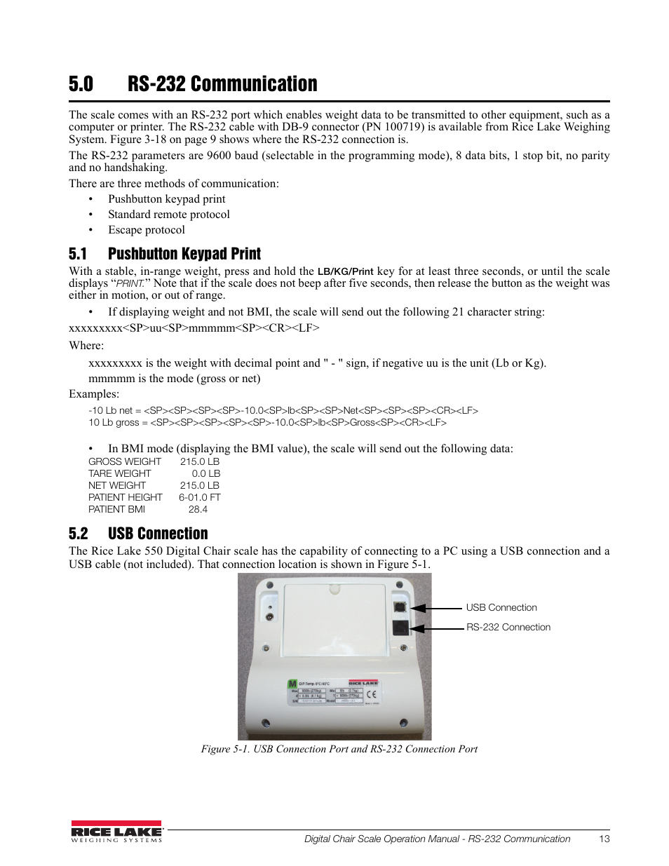 0 rs-232 communication, 1 pushbutton keypad print, 2 usb connection | Rice Lake RL550-10 Digital Chair Scale Operating Instructions User Manual | Page 17 / 26