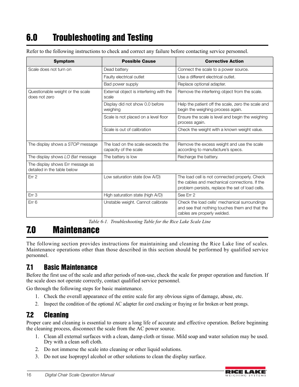 0 troubleshooting and testing, 0 maintenance, 1 basic maintenance | 2 cleaning | Rice Lake RL550-10 Digital Chair Scale Operating Instructions User Manual | Page 20 / 26