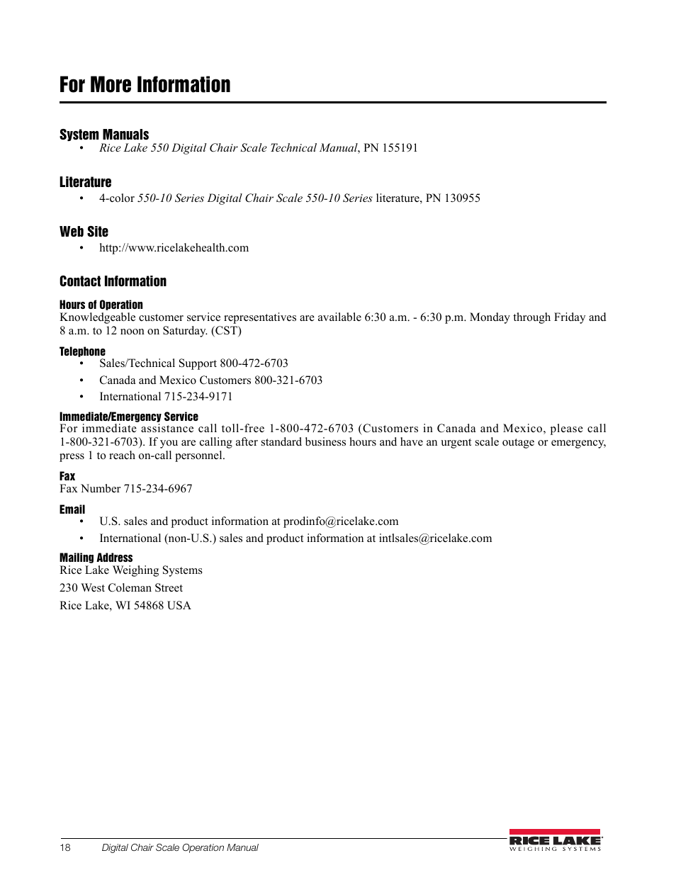 For more information | Rice Lake RL550-10 Digital Chair Scale Operating Instructions User Manual | Page 22 / 26