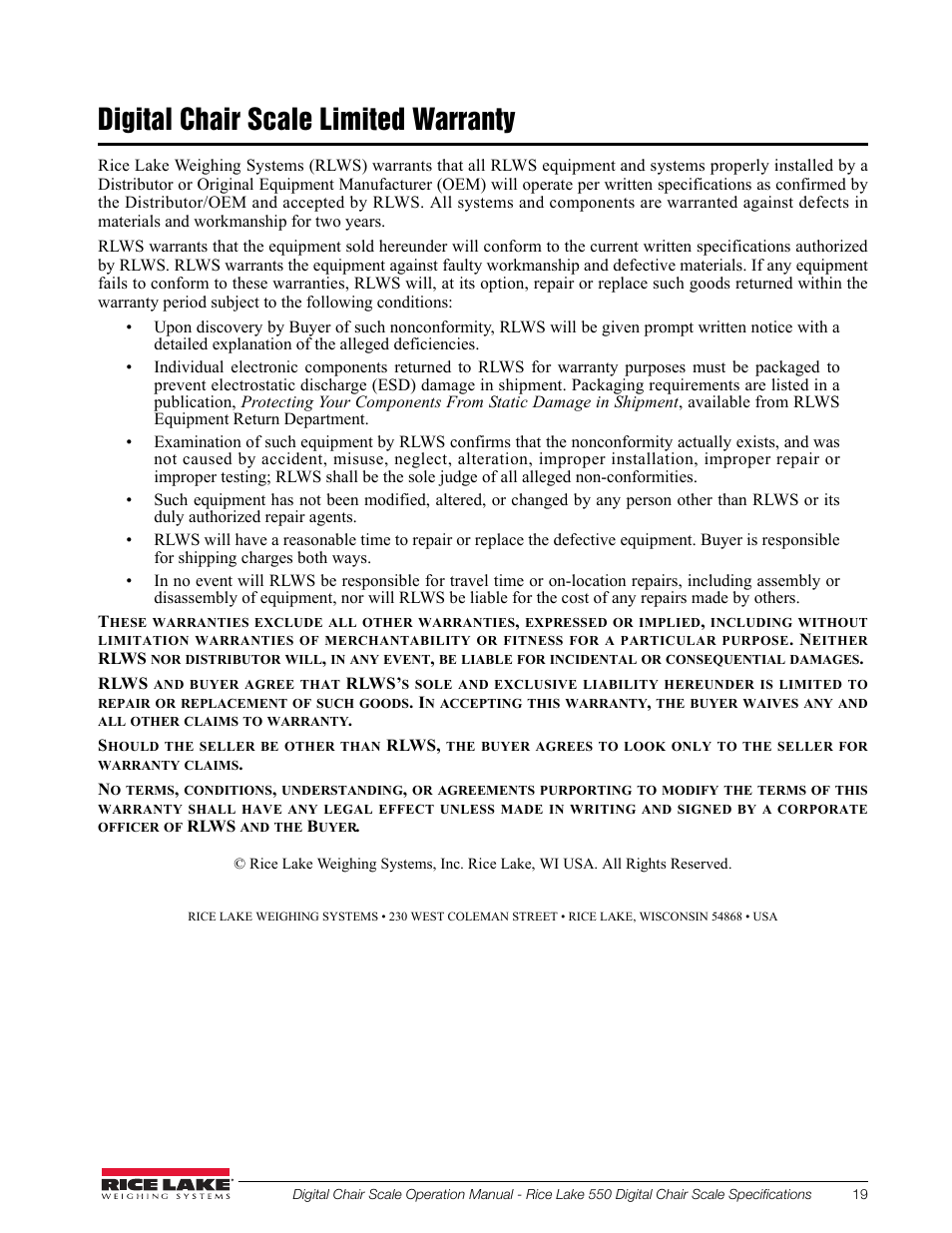 Digital chair scale limited warranty | Rice Lake RL550-10 Digital Chair Scale Operating Instructions User Manual | Page 23 / 26