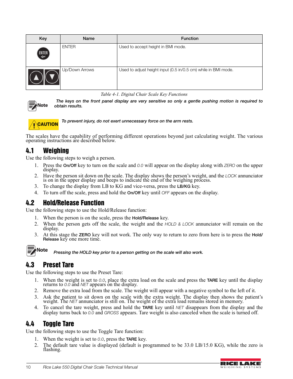 1 weighing, 2 hold/release function, 3 preset tare | 4 toggle tare | Rice Lake RL550 Digital Chair Scale Technical and Operating Instructions User Manual | Page 14 / 34