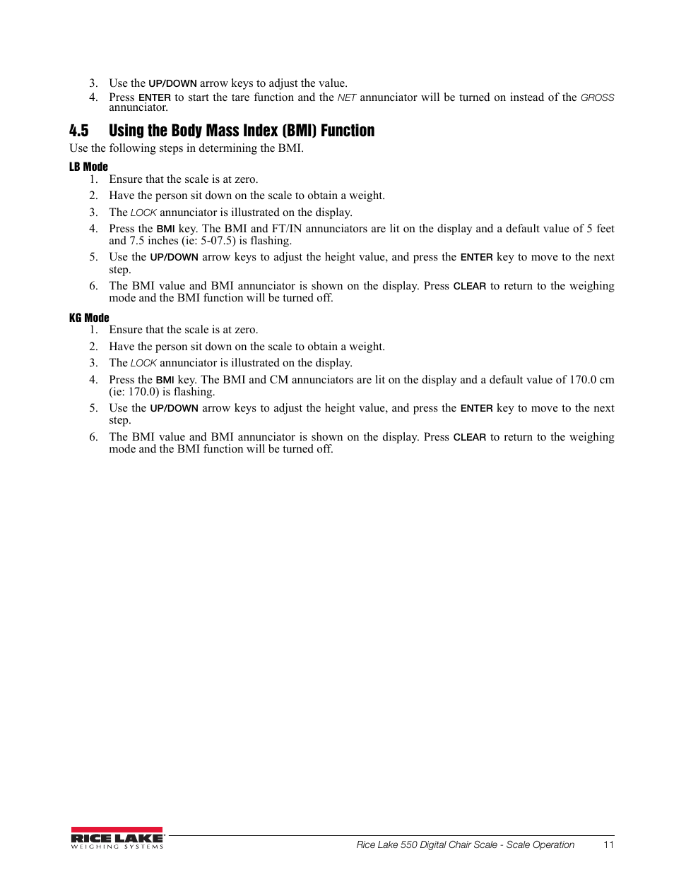 5 using the body mass index (bmi) function | Rice Lake RL550 Digital Chair Scale Technical and Operating Instructions User Manual | Page 15 / 34