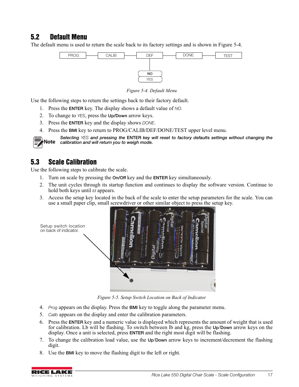2 default menu, 3 scale calibration, 2 default menu 5.3 scale calibration | Rice Lake RL550 Digital Chair Scale Technical and Operating Instructions User Manual | Page 21 / 34