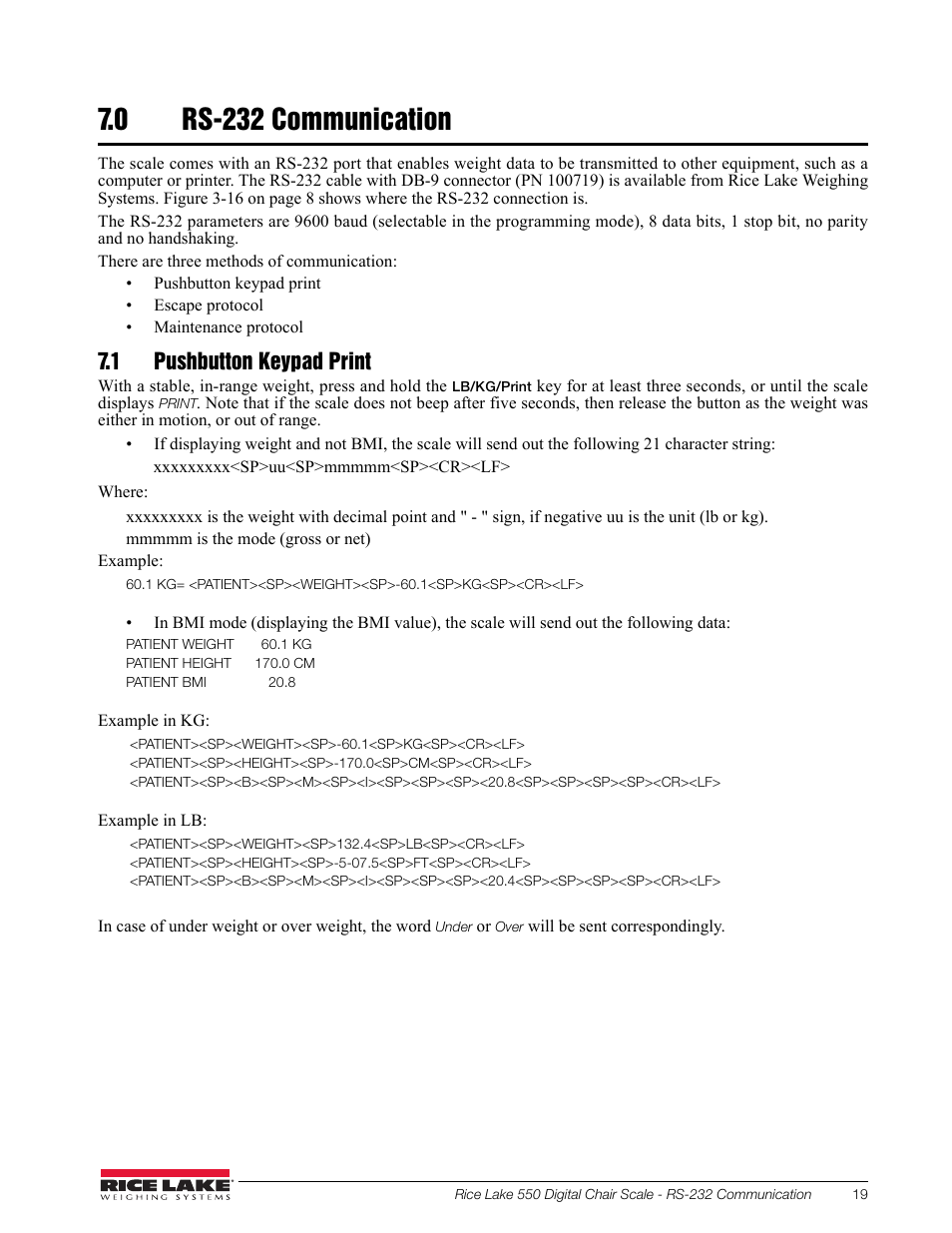 0 rs-232 communication, 1 pushbutton keypad print, Rs-232 communication | Rice Lake RL550 Digital Chair Scale Technical and Operating Instructions User Manual | Page 23 / 34