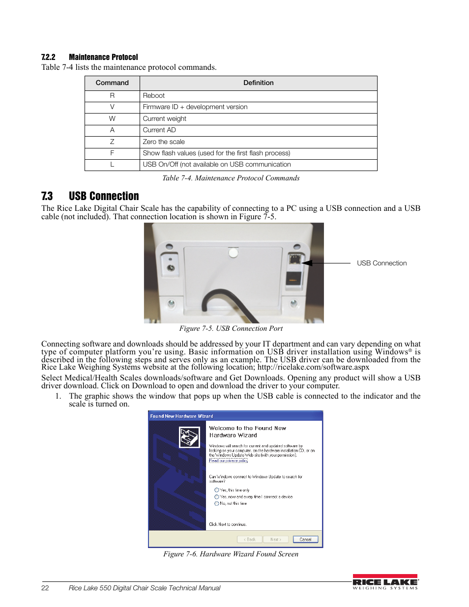 2 maintenance protocol, 3 usb connection, Maintenance protocol | Rice Lake RL550 Digital Chair Scale Technical and Operating Instructions User Manual | Page 26 / 34