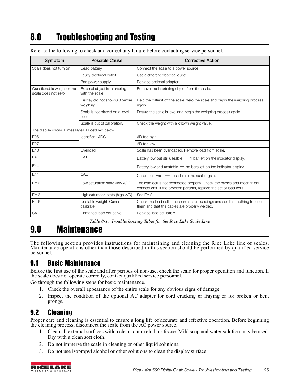 0 troubleshooting and testing, 0 maintenance, 1 basic maintenance | 2 cleaning, Troubleshooting and testing, Maintenance, 1 basic maintenance 9.2 cleaning | Rice Lake RL550 Digital Chair Scale Technical and Operating Instructions User Manual | Page 29 / 34