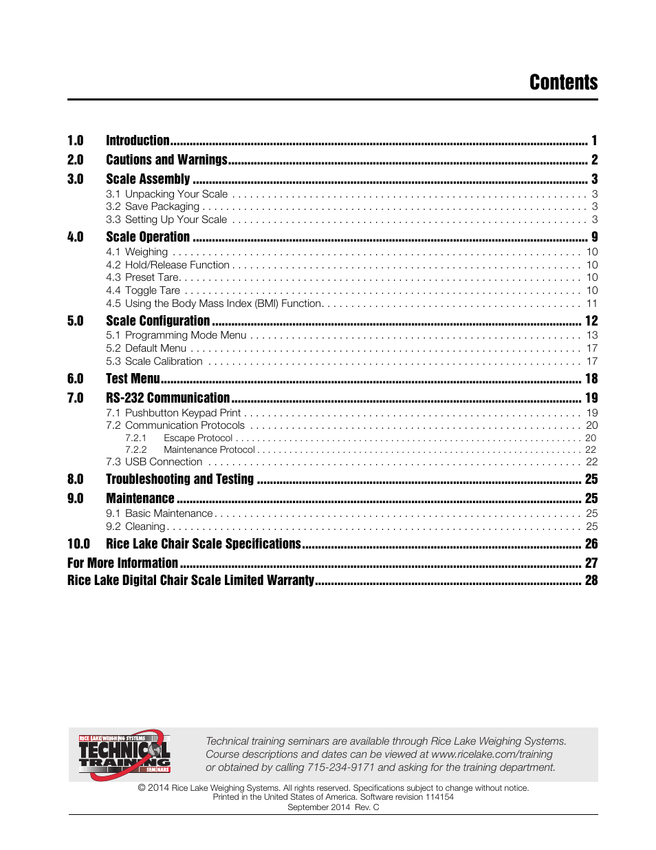 Rice Lake RL550 Digital Chair Scale Technical and Operating Instructions User Manual | Page 3 / 34