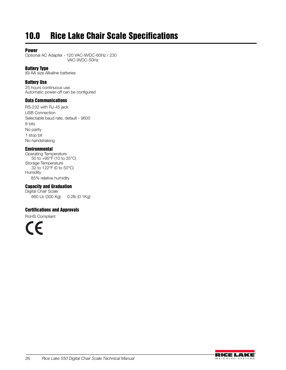 0 rice lake chair scale specifications, Rice lake chair scale specifications | Rice Lake RL550 Digital Chair Scale Technical and Operating Instructions User Manual | Page 30 / 34
