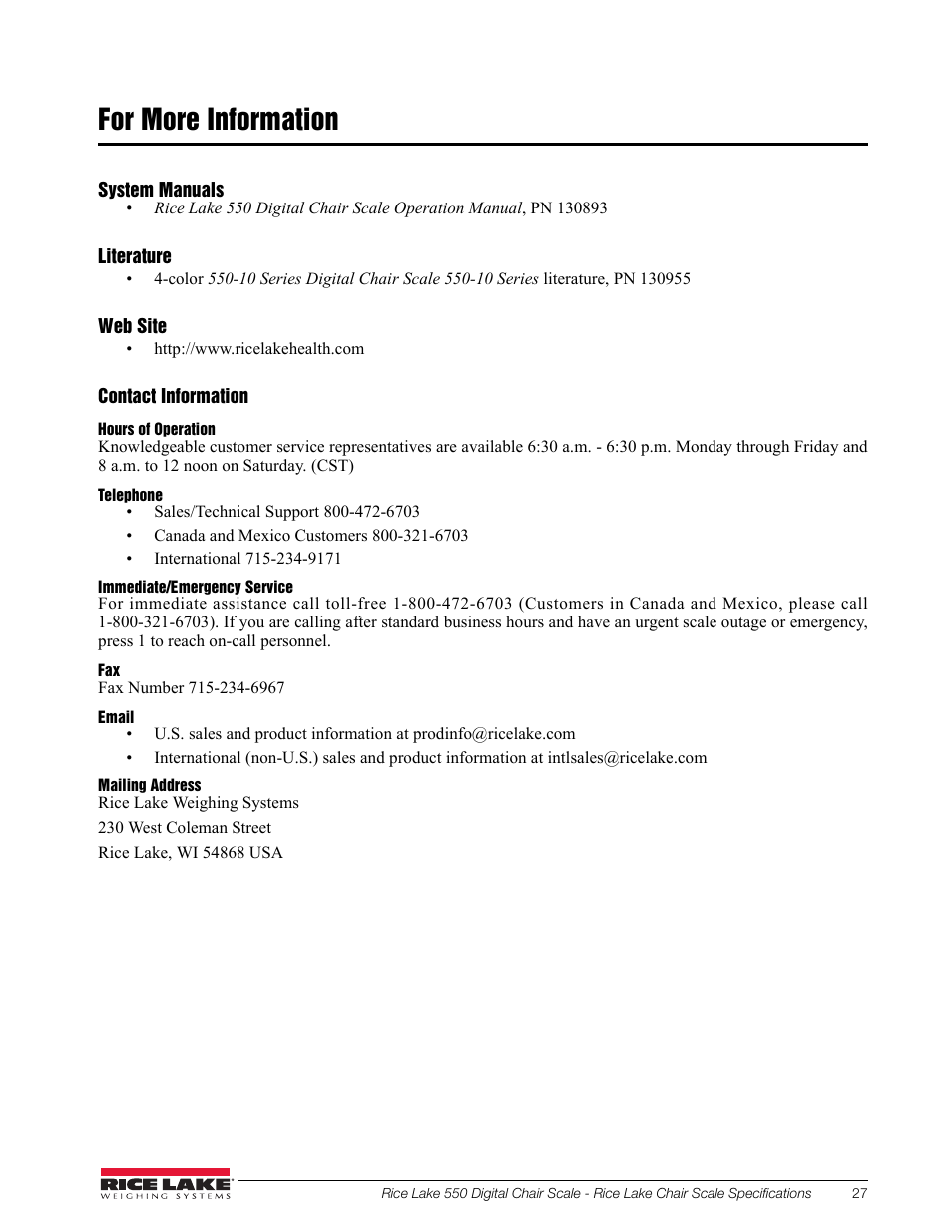 For more information | Rice Lake RL550 Digital Chair Scale Technical and Operating Instructions User Manual | Page 31 / 34