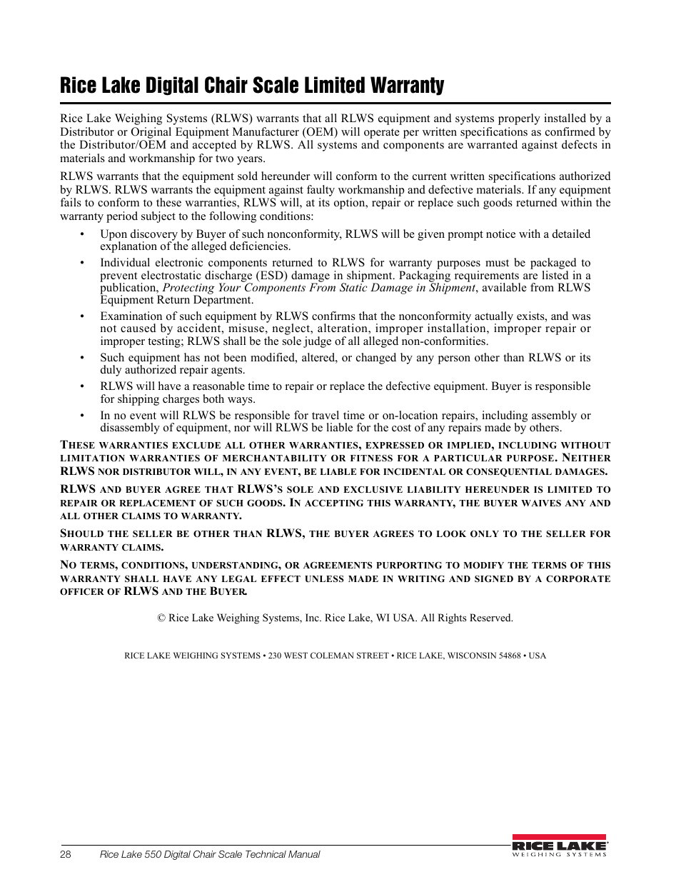 Rice lake digital chair scale limited warranty | Rice Lake RL550 Digital Chair Scale Technical and Operating Instructions User Manual | Page 32 / 34